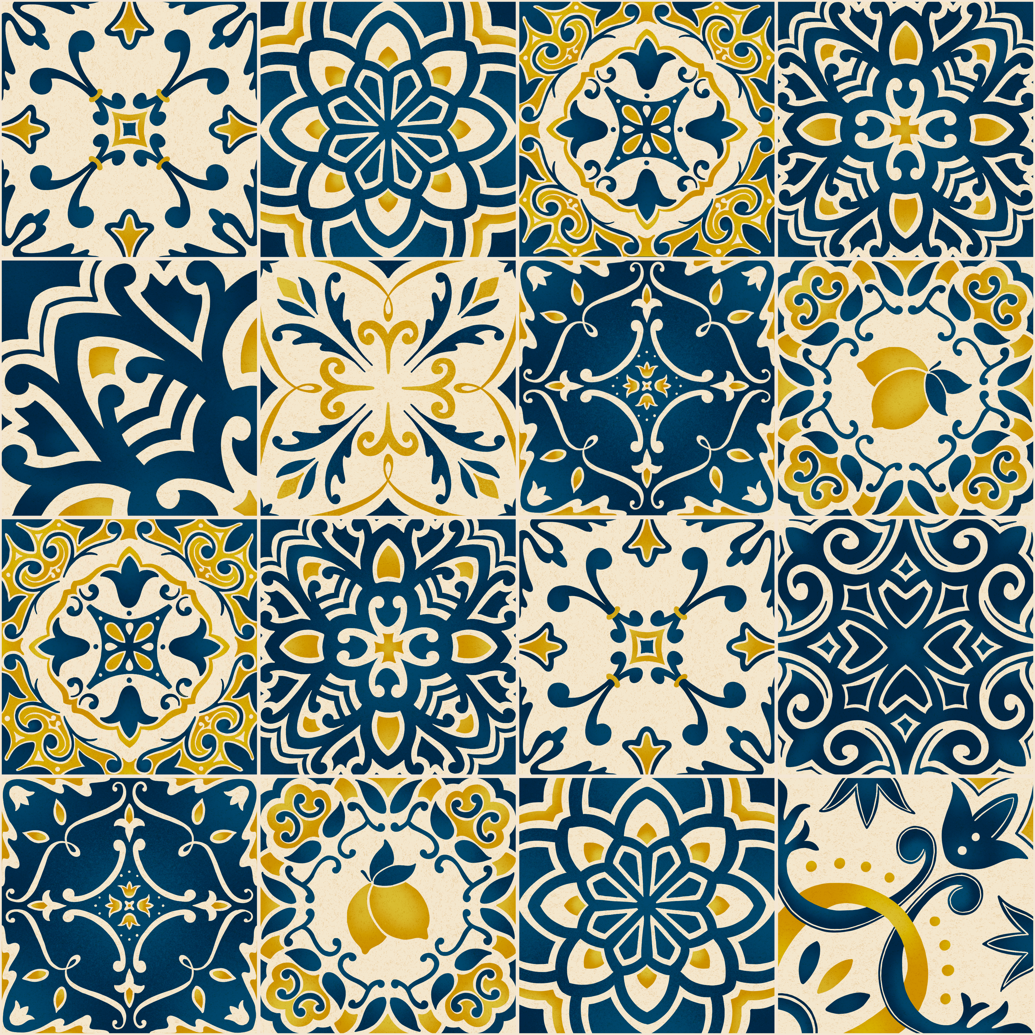Pattern of blue and yellow tiles with intricate designs.